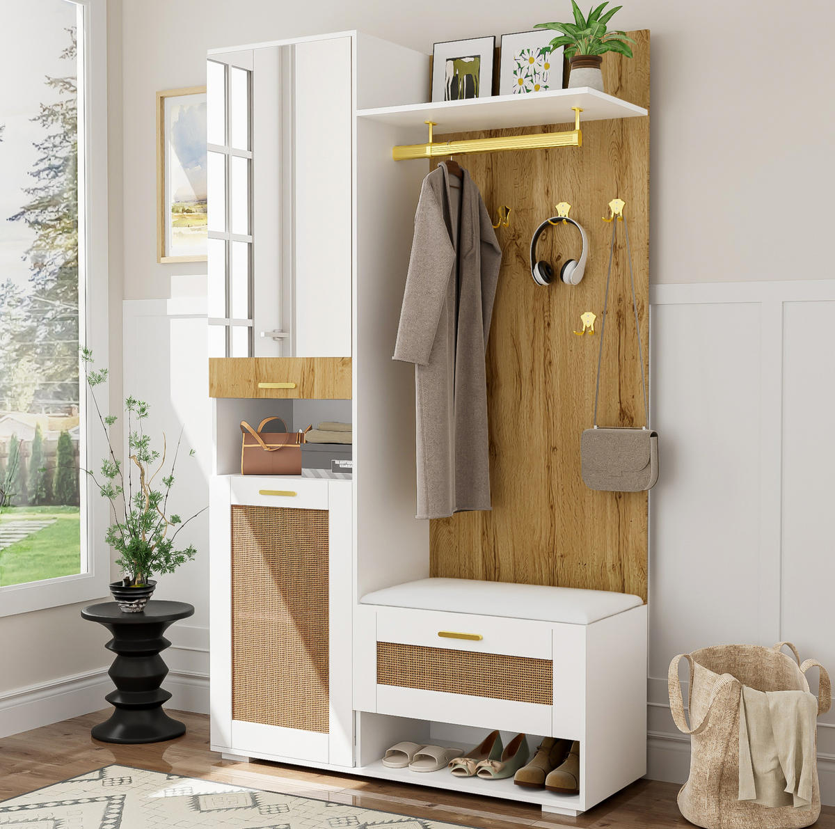 DIELENGARDEROBE mit Spiegel, Sitzbank und 6 Haken, 110/38/190 cm - Weiß, Holzwerkstoff (38/190/110cm) - BEAOK