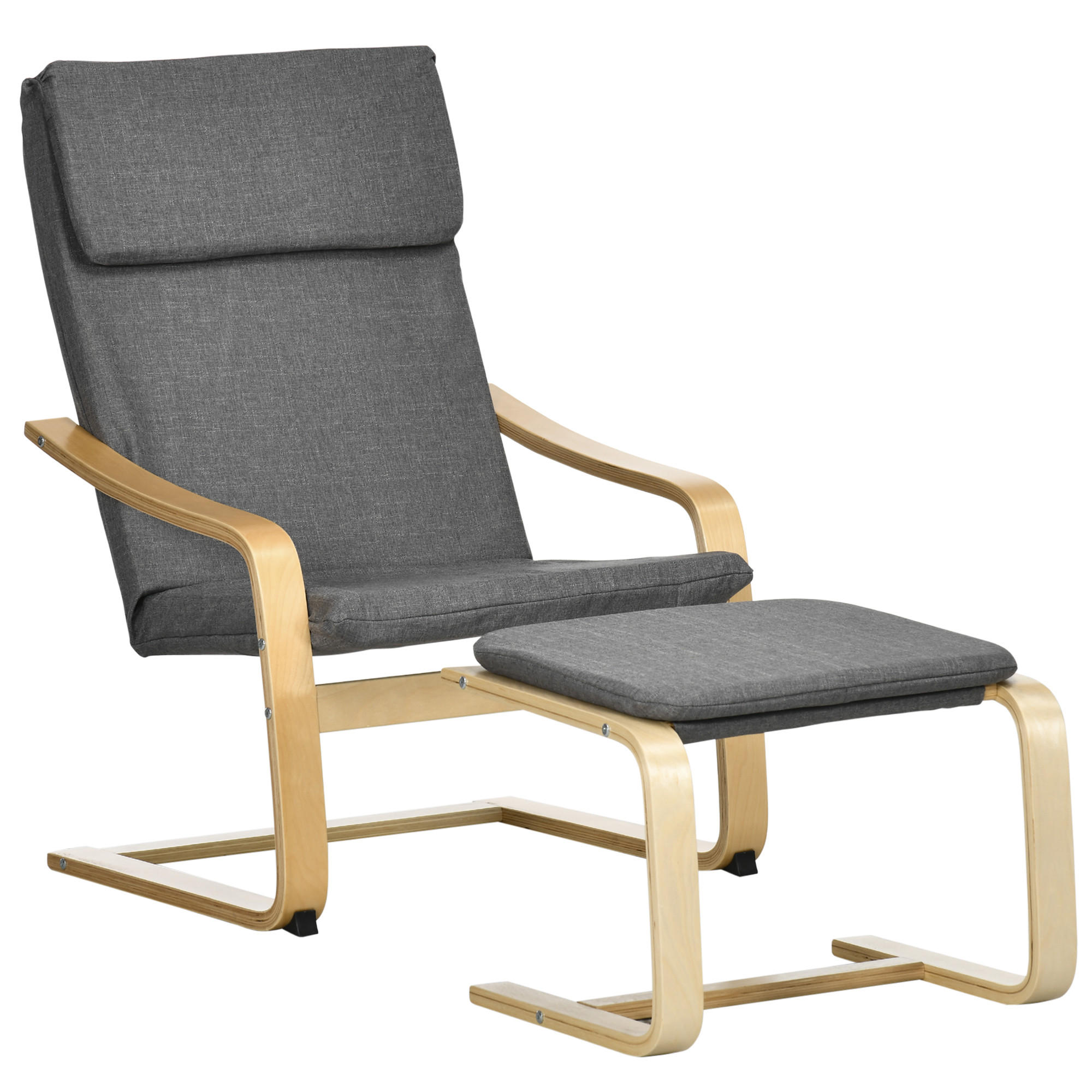 SESSEL mit Fußhocker, Sessel-Set, Leinenoptik, Massivholz, Grau + Natur - Grau, Holzwerkstoff (80/99/66.5cm)