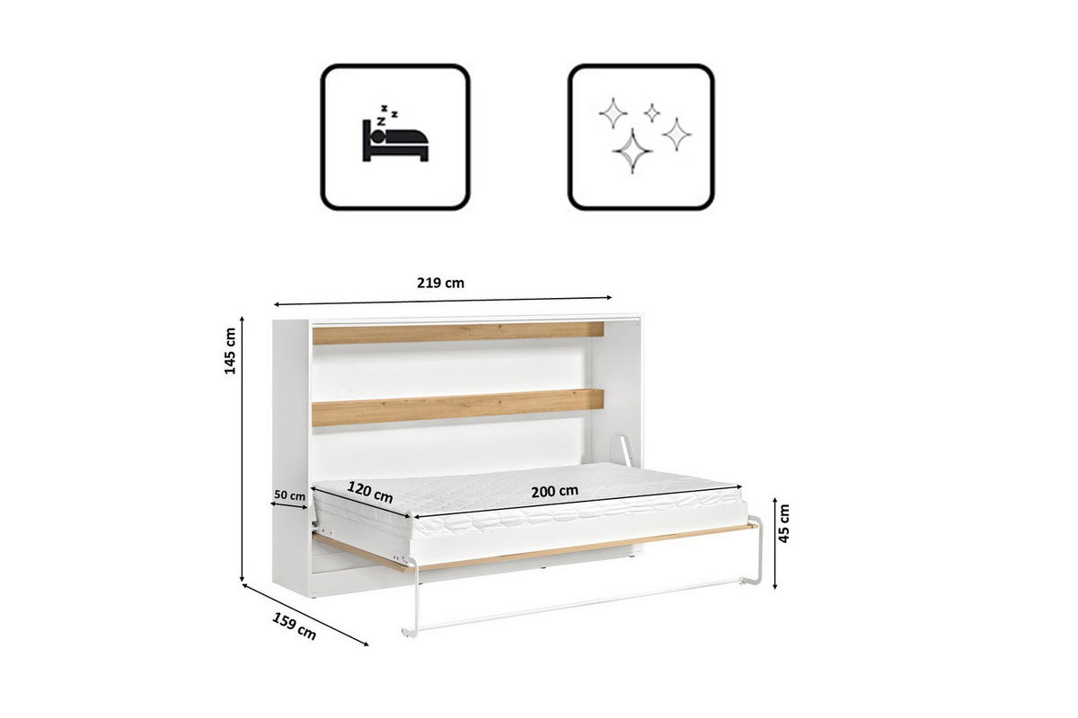 SCHRANKBETT Perfekt 120x200 Ein Horizontales Vereint Mit Matratze Eiche + Weiß - Eichefarben/Weiß, Holz (120/200cm) - Kaiser Möbel
