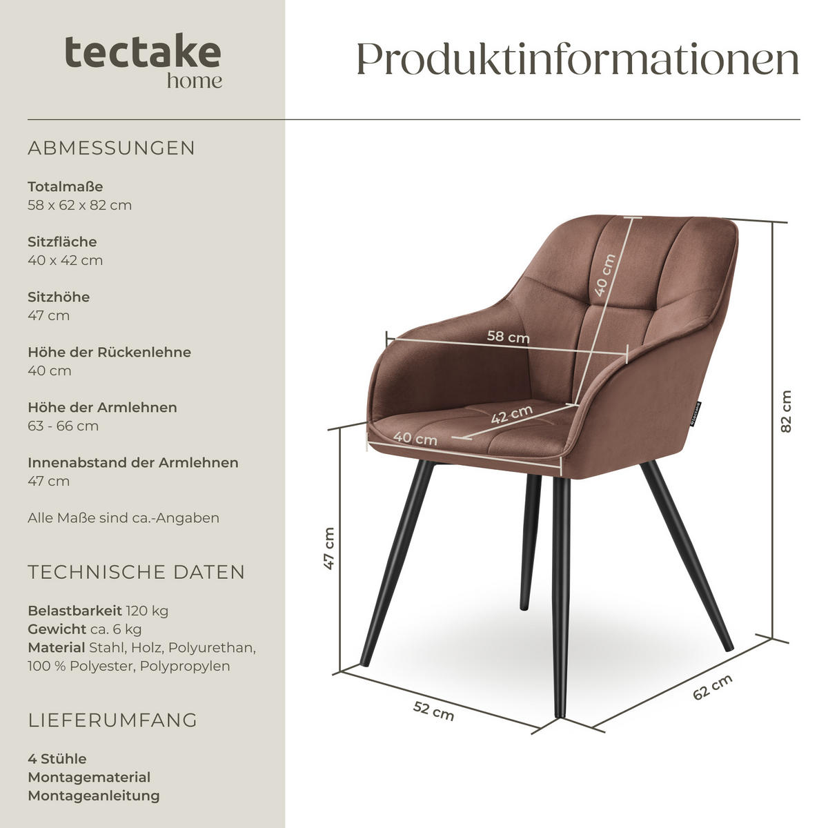 ESSZIMMERSTUHL 4er Set Marilyn 58 x 62 x 82 cm braun/schwarz - Schwarz/Braun, Kunststoff (58/82/62cm) - tectake