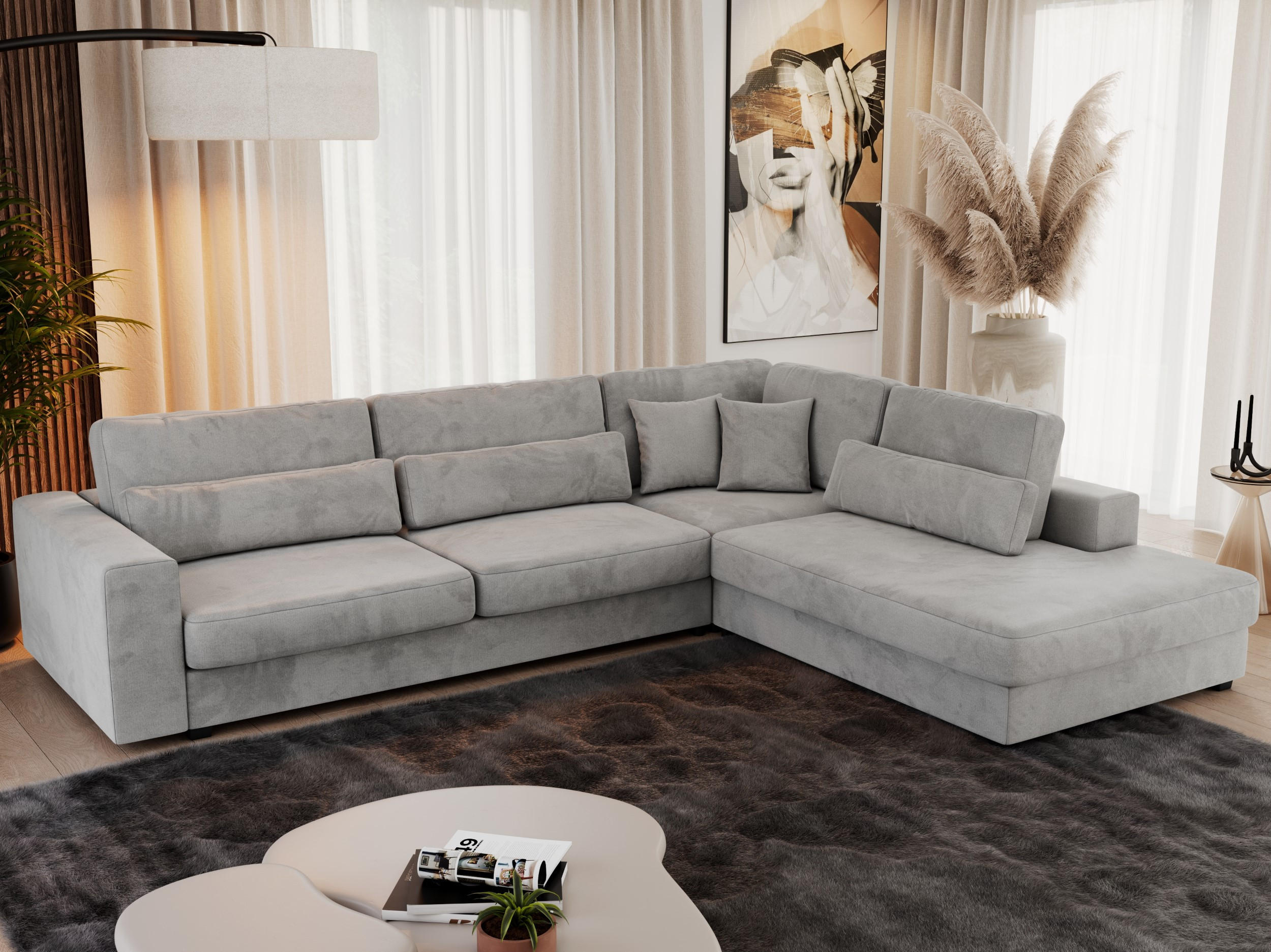 ECKSOFA Savona Hellgrau Velvet - rechts - Hellgrau/Schwarz, Kunststoff/Textil (249/316cm) - MKS