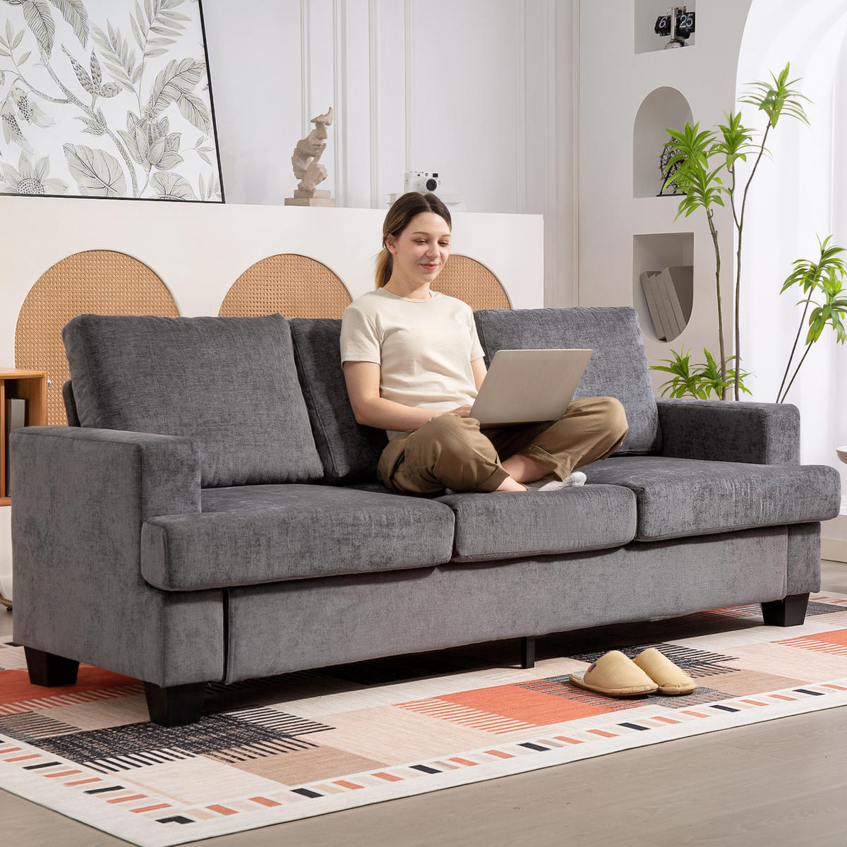 3-SITZER-SOFA DE-06547 Wohnzimmersofa für 3 Personen, Stahlrahmen Grau - Grau, Holz/Textil (82/90/213cm) - ComfortXL