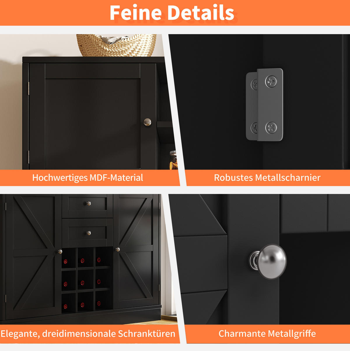 BUFFET 120/40/188 cm aus MDF mit Weinregal und verstellbaren Einlegeböden Schwarz - Schwarz, Holzwerkstoff (120/188/40cm) - Modenvie
