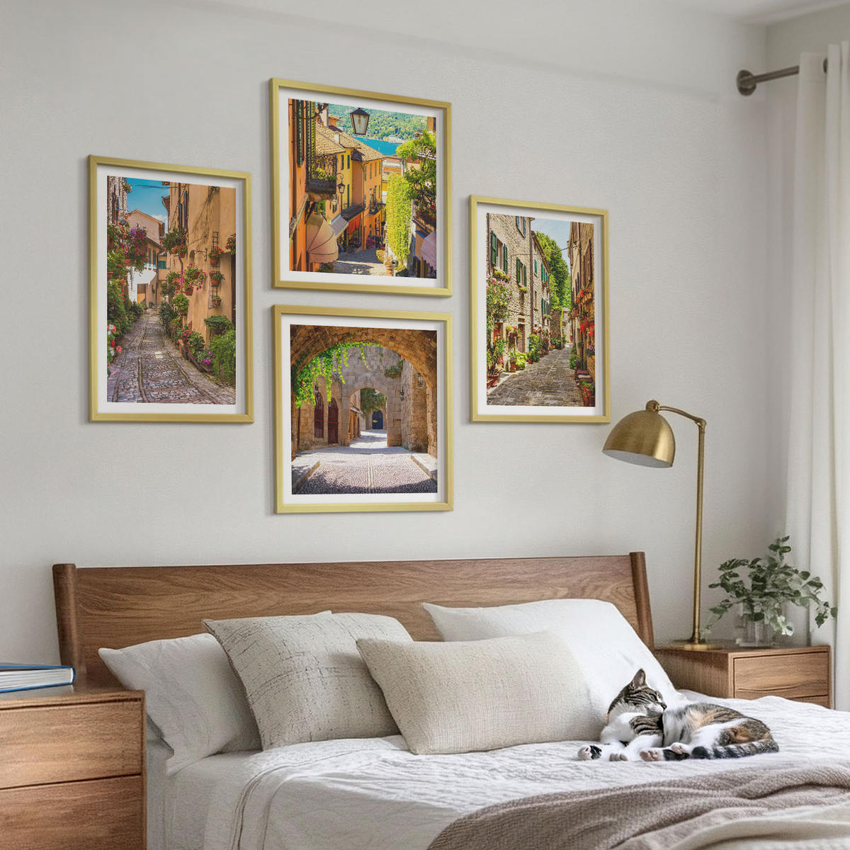 BILDER SET 4er Set - 50x50 cm & 40x60 cm Goldrahmen - Italienische Straßen, Blumen, Architektur - Goldfarben, Kunststoff (50/50cm) - TULUP