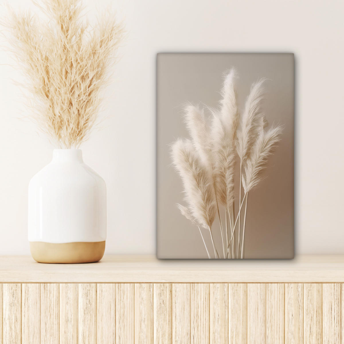 OBRAZ NA PLÁTNĚ Pampová tráva - Plumes - Pastelová - Bílá 20x30 cm - přírodní, textil (20/30cm) - MuchoWow