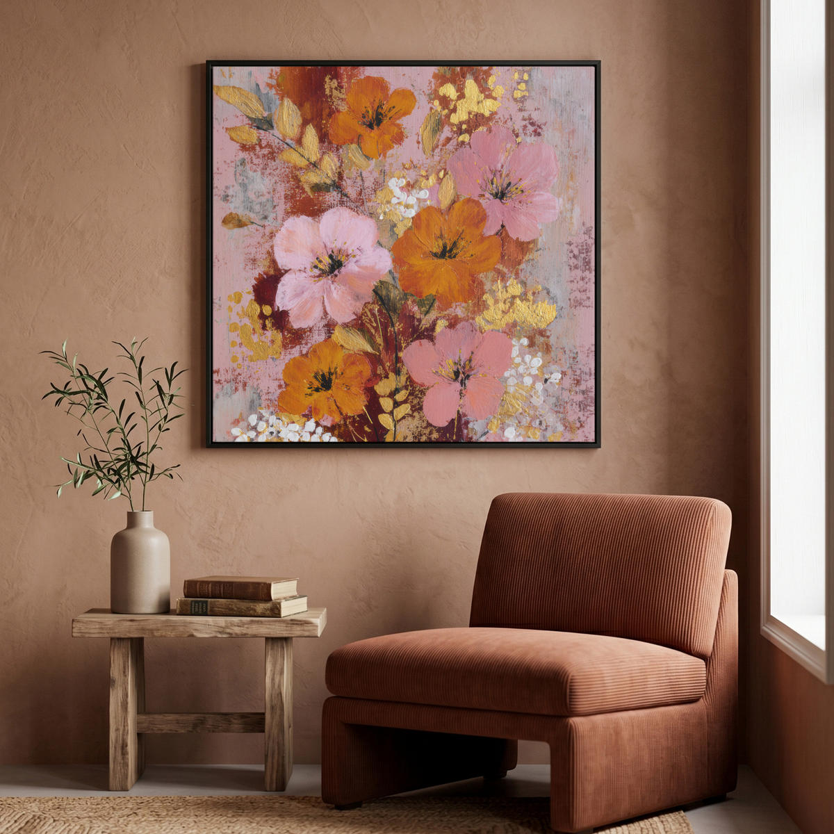LEINWAND Bilder mit Rahmen - Malerei - Blumen - Rustikal - Rosa - 90x90 - Altrosa, Textil (90/90cm) - MuchoWow