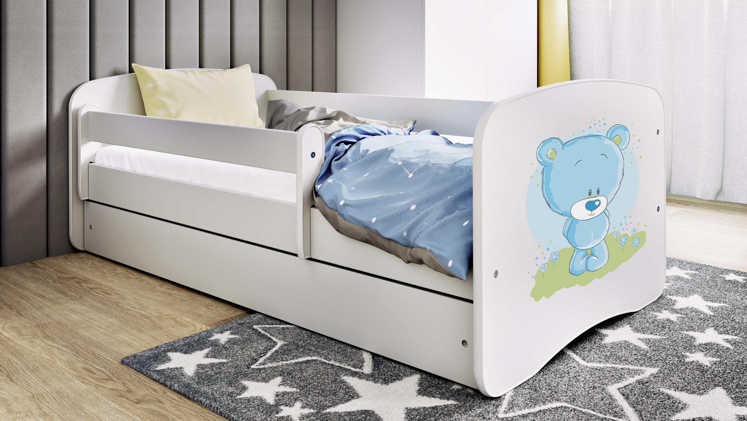 KINDERBETT blauer Teddybär Blumen mit Schublade 140/70 80/61/144 - Weiß, Holzwerkstoff (80/140cm) - RAUMHIRSCH FURNITURE