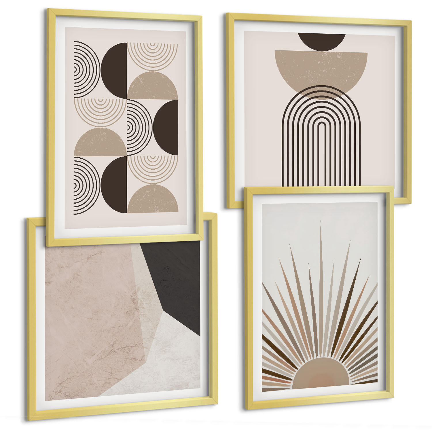 BILDER SET 4er Set - 50x50 cm & 40x60 cm Goldrahmen - Abstrakte beige und braune Formen - Goldfarben, Kunststoff (50/50cm) - TULUP