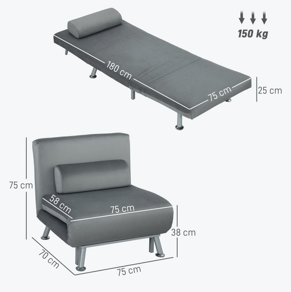 SCHLAFSESSEL Polyester mit Bettfunktion 75/70/75 cm Sessel / 180/75/25 cm Bett Grau - Grau, Textil (70/75/75cm) - Redom