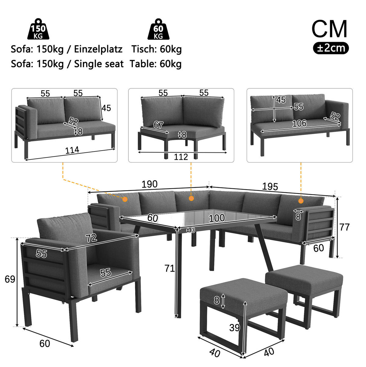 GARTENLOUNGE 114/67/77 cm grau aus Eisen mit Glastisch und 8 cm Polstern - Grau, Metall - OKWISH