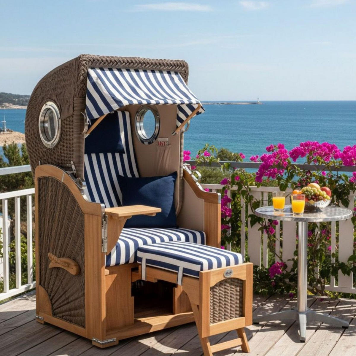 STRANDKORB Komplettset: Ammersee Single Teak Bullauge - PE grau - Modell 518 - Blau/Weiß, Holz/Kunststoff (96/165/80cm) - bene living