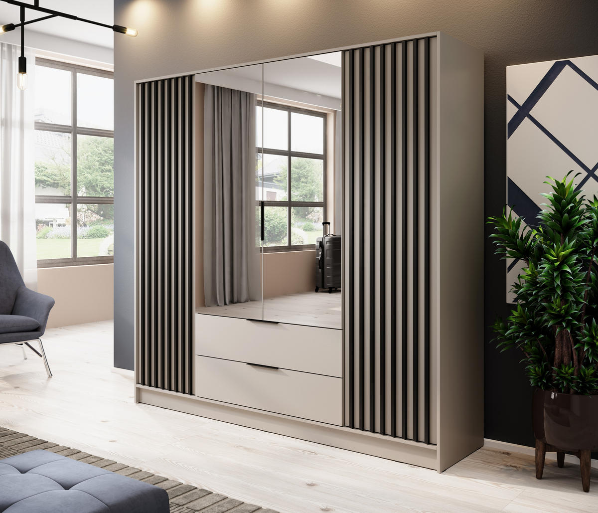 DREHTÜRENSCHRANK NELIANA 206/200/51 cm 4-türig mit Spiegel Kaschmir - Kaschmir, Holzwerkstoff (206/200/51cm) - MASSENO