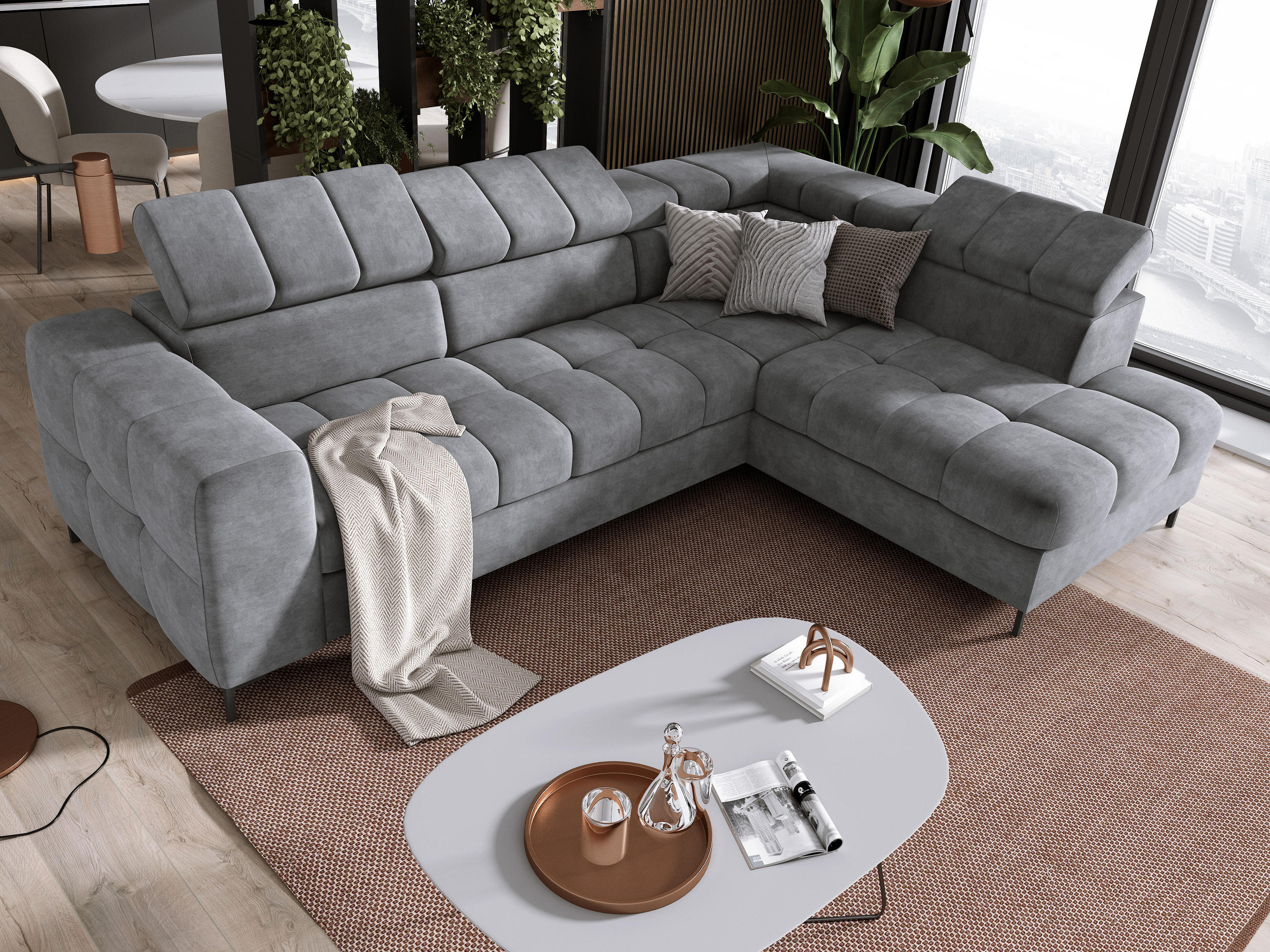 ECKSOFA PABLOS Cloud, L-förmig, Moderne, mit verstellbarem Kopfteil, Schlaf- & Lagermöglichkeiten, freistehend, RECHTS 279x201x97 cm Grey - Silberfarben, Holz/Textil (279/201cm) - DomoHome