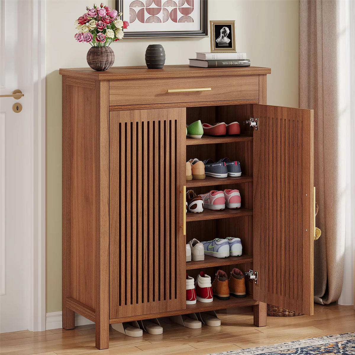 SCHUHSCHRANK mit Schublade & Lamellentüren - Braun, Holz (80/109/36cm) - Kaket
