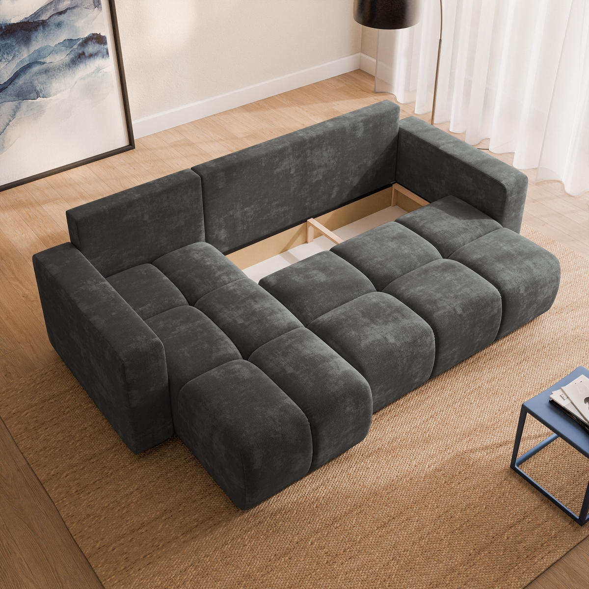 ECKSOFA RAMIL Grau Chenille mit Schlaffunktion - Grau, Holz (240/149cm) - MASSENO