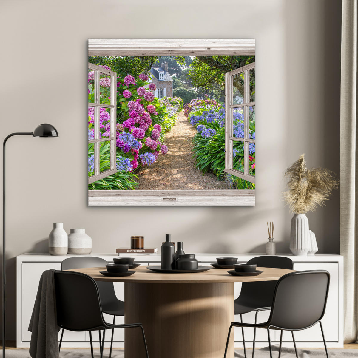KOVOVÝ OBRAZ Hortenzie - Priehľadné - Kvety - Leto - Fialová - Cesta 90x90 cm - lila, kov (90/90cm) - MuchoWow