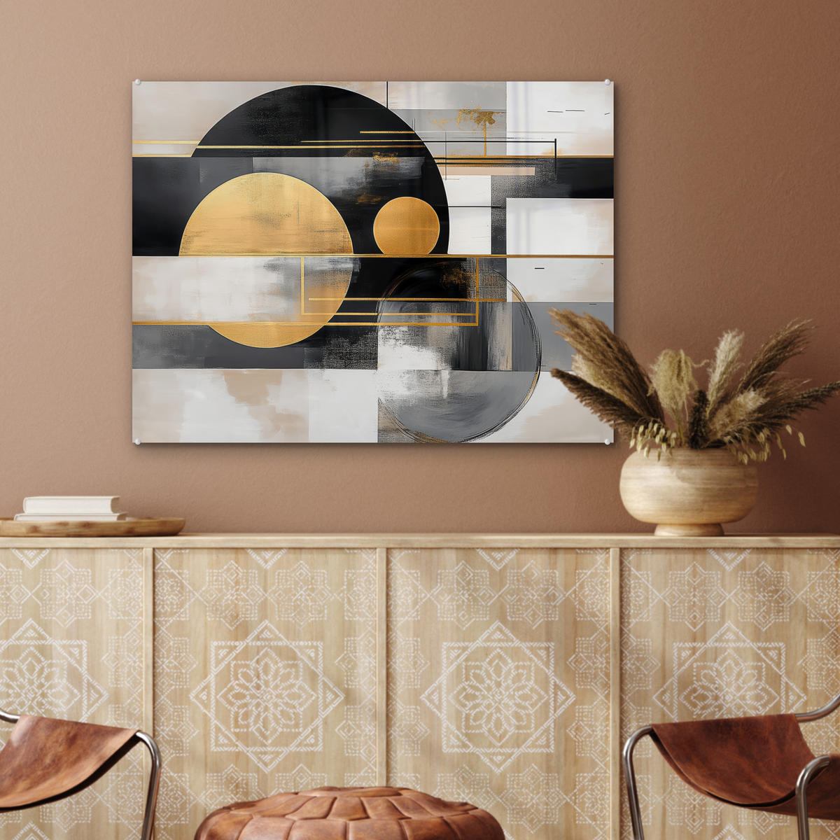 ACRYLGLASBILD Abstrakt - Gold - Silber - Formen - Ästhetisch - Modern 80x60 cm - Goldfarben, Glas (80/60cm) - MuchoWow
