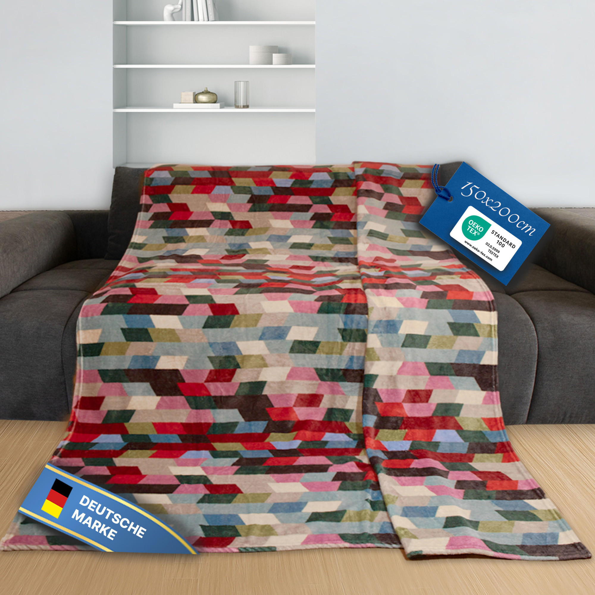 WOHNDECKE 150x200cm Design - Trapez - Türkis/Multicolor, Textil (150/200cm) - Bestlivings