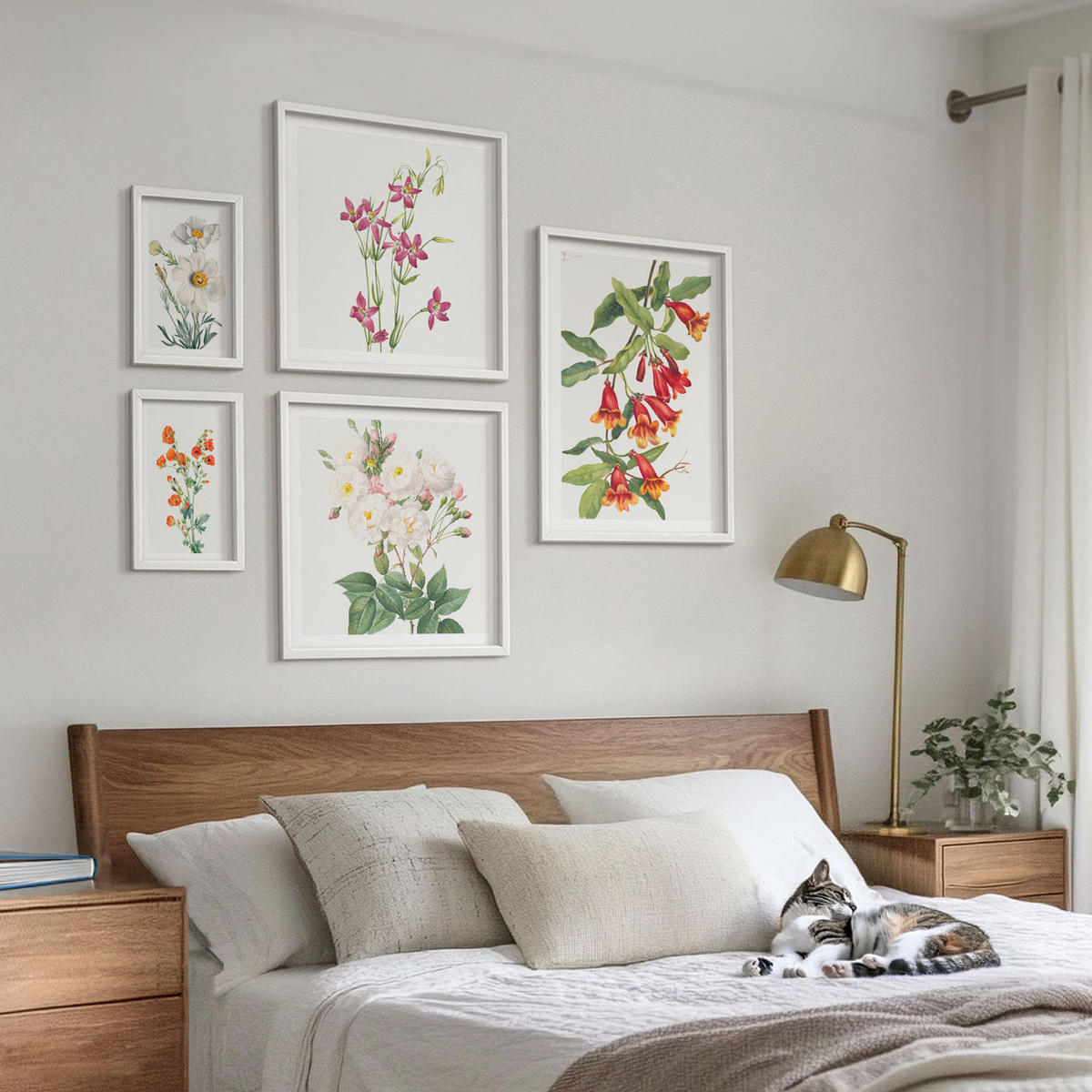 BILDER SET 5er Set - 50x50 cm & 20x30 cm & 40x60 cm Weißer Rahmen - Retro-Blumenmalerei - Weiß, Kunststoff (40/60cm) - TULUP