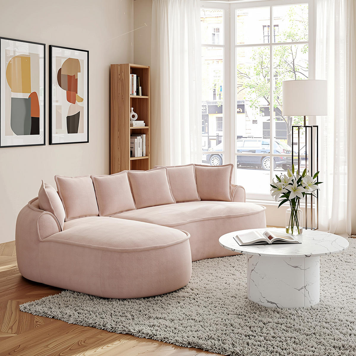 ECKSOFA chenille mit extra tiefer chaiselongue & rahmenlosem design - Pink, Textil (252/164cm) - Urban Meuble