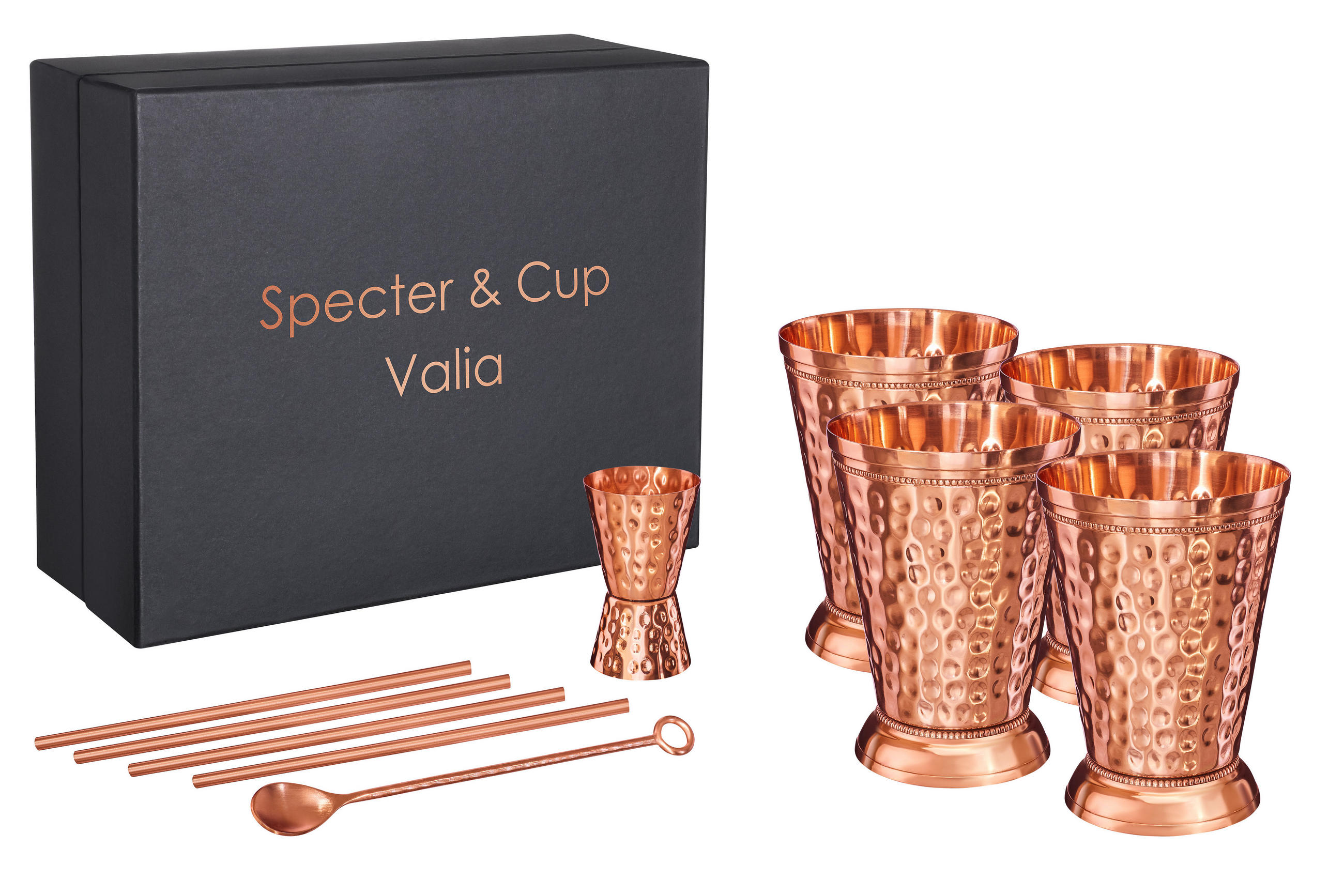 KUPFERBECHER, Cocktailbecher VALIA 4er Set Moscow Mule 470ml + Zubehör - Kupferfarben, Paraffin (9/12/12cm) - Specter & Cup