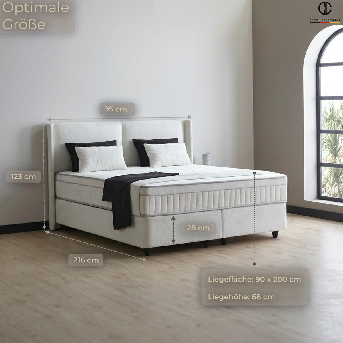 BOXSPRINGBETT MIT BETTKASTEN PISA 90/200 cm, Greige, Bettkasten, Matratze, Topper integriert, H3 mittel - Greige/Schwarz, Holz/Kunststoff (90/200cm) - Consilio Concept