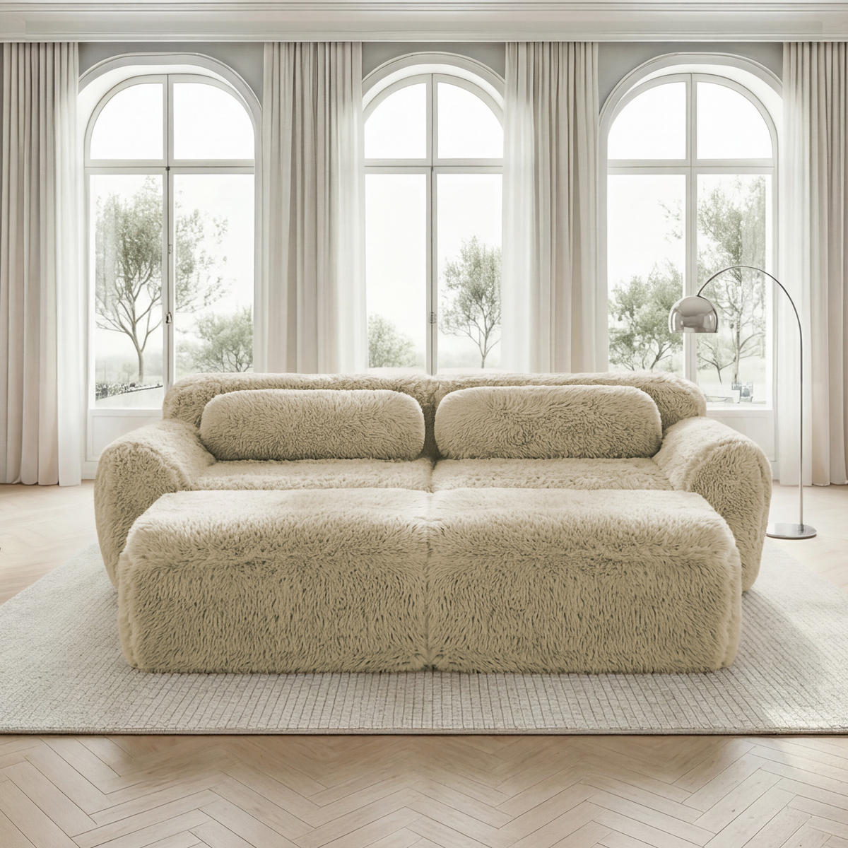 SCHLAFSOFA 2-Sitzer aus Plüschstoff mit 2 Hockern, Hellkhaki - Sandfarben, Textil (204/73/179cm)