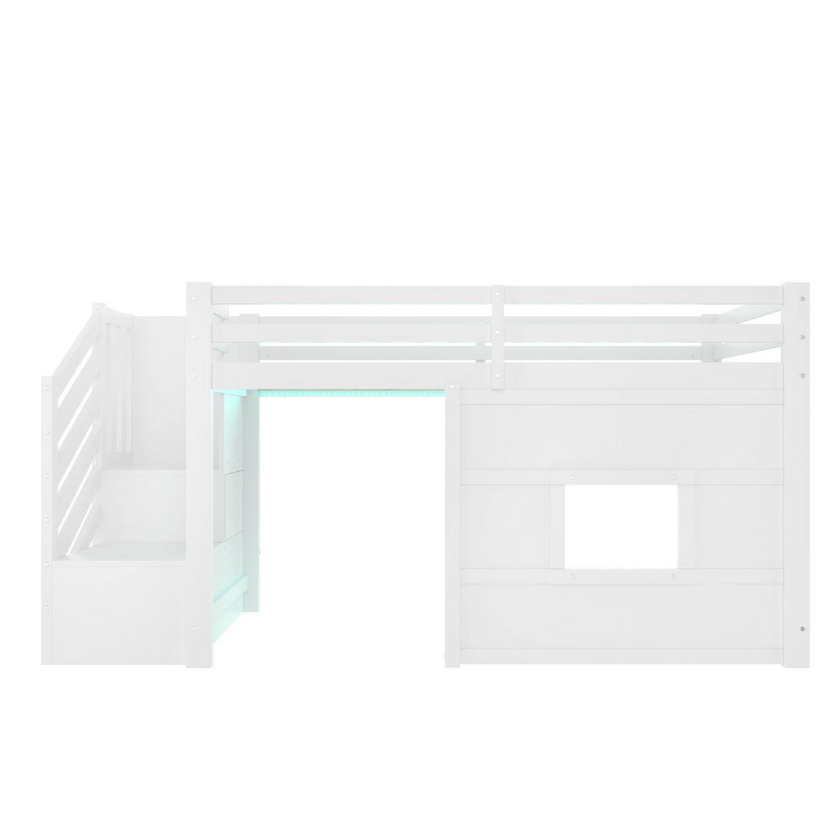 HOCHBETT 90/200 cm mit Stauraumtreppe, Fenster und LED-Beleuchtung aus Kiefer/MDF, Weiß - Weiß, Holzwerkstoff (90/200cm) - Redom