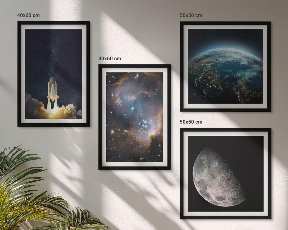 BILDER SET 4er Set - 50x50 cm & 40x60 cm Schwarzer Rahmen - Weltraum Erde Rakete Galaxie - Schwarz, Kunststoff (50/50cm) - TULUP