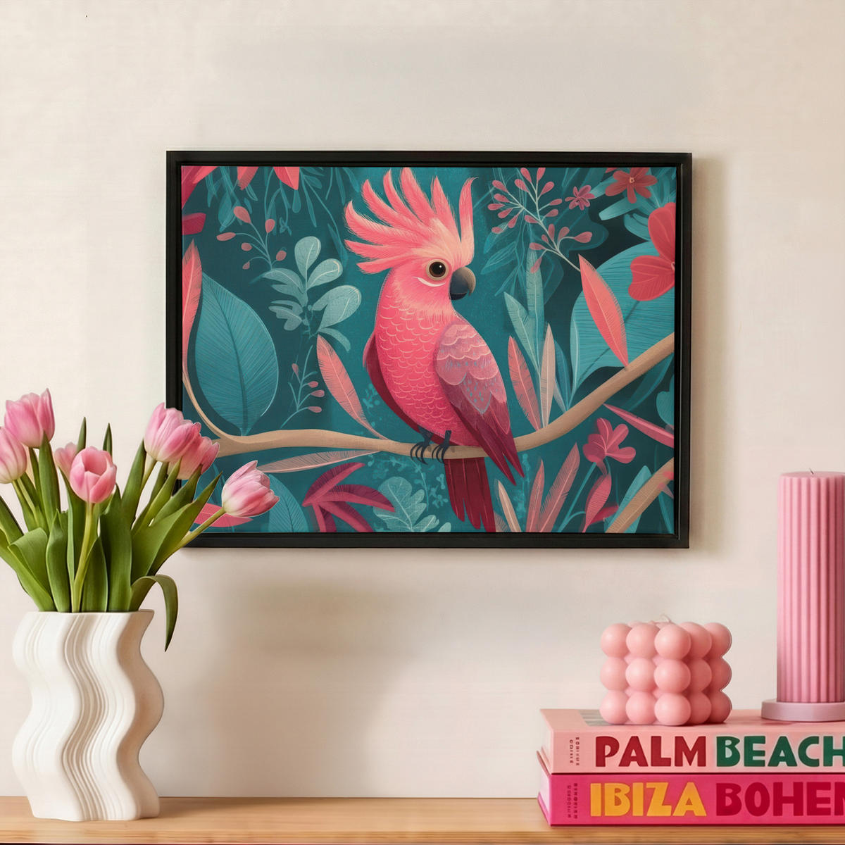 LEINWAND Bilder mit Rahmen - Kakadu - Tropische Blätter - Zweig - 40x30 - Petrol, Textil (40/30cm) - MuchoWow