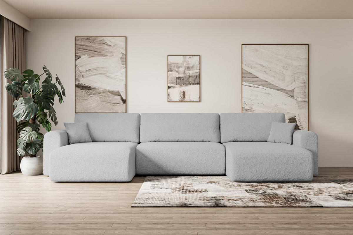 WOHNLANDSCHAFT mit Schlaffunktion und Bettkasten ORRO-U - 362x145x83 cm Hellgrau Bouclé - Hellgrau/Schwarz, Holzwerkstoff/Kunststoff (362/83/145cm) - ALTDECOR