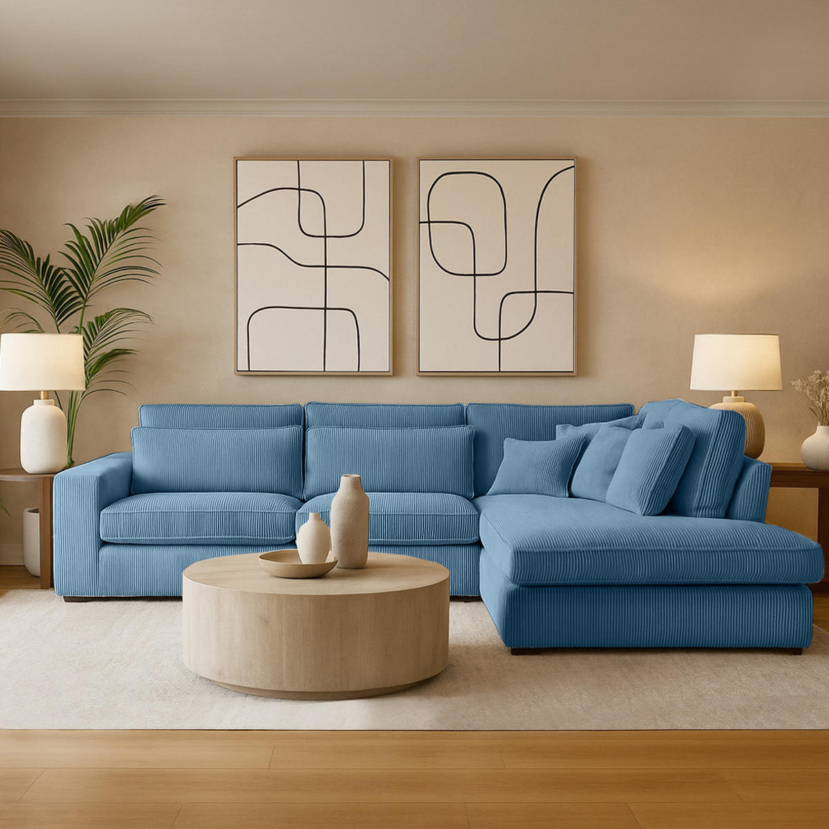 ECKSOFA Parma ohne Schlaffunktion, Cord-Stoff, Blau, Rechts - Blau/Schwarz, Textil (314/224cm) - Beautysofa