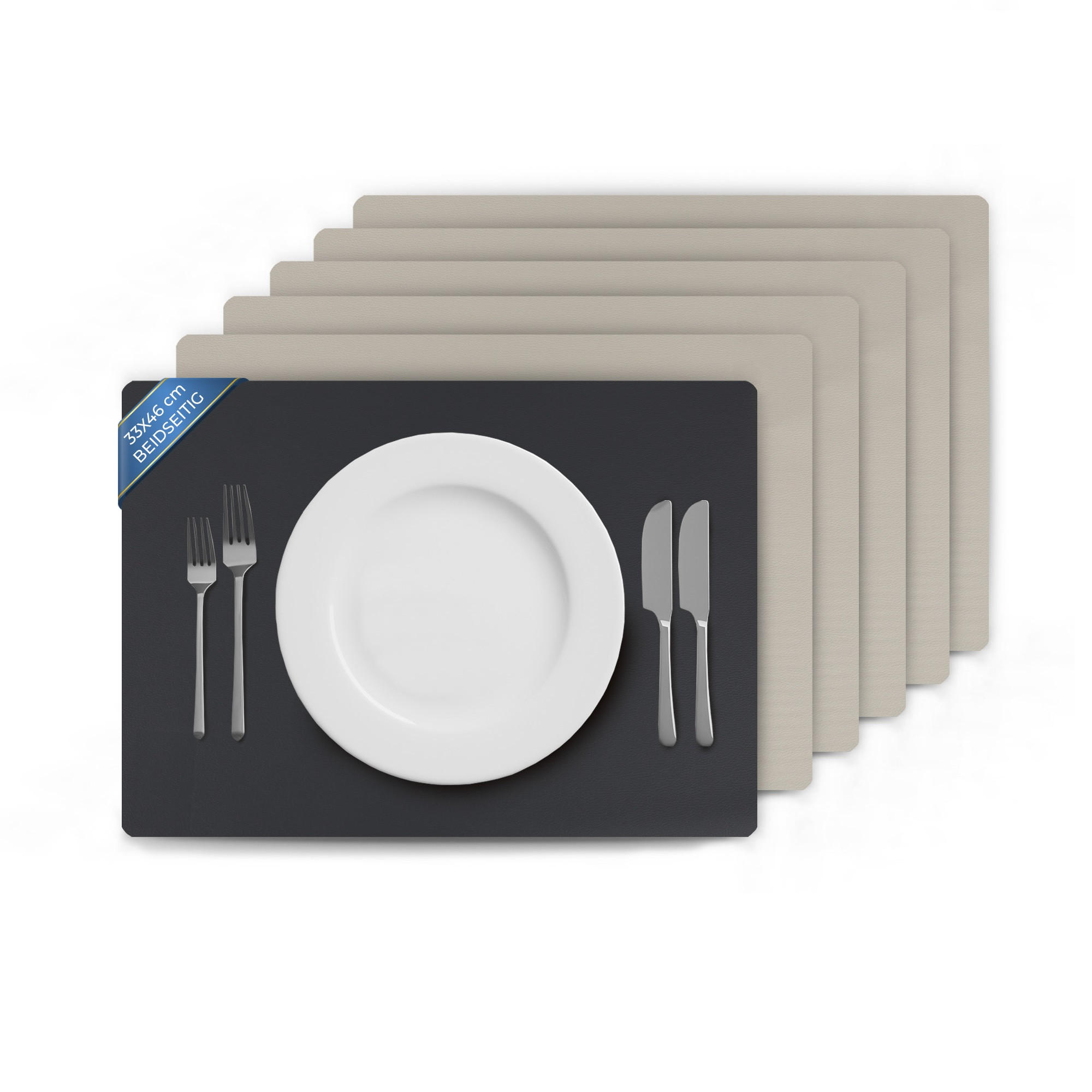 TISCHSET ( 6er Set ) abwischbares Lederimitat Platzdeckchen 46x33cm - Doppelseitiges Unifarben ( Schwarz / Hellgrau ) Kunstleder Platzset - Schwarz, Kunststoff (33/46cm) - Bestlivings