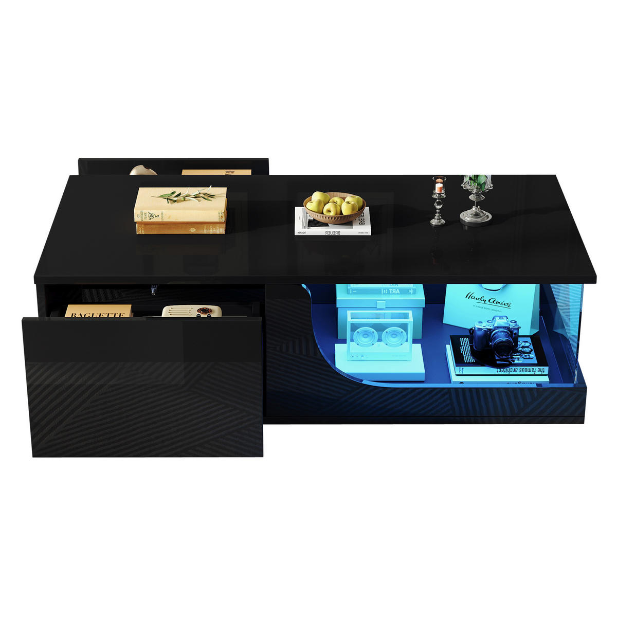 COUCHTISCH 100/50/30 cm schwarz mit 2 Schubladen und LED-Beleuchtung - Schwarz, Holzwerkstoff (100/50/30cm) - OKWISH