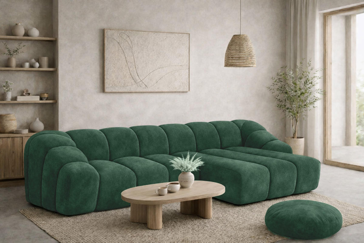ECKSOFA Modulare L-Form, Veloursstoff Bluvel, Grün, Rechts, CROISSANT L - Grün, Holz (305/190cm) - Kaiser Möbel