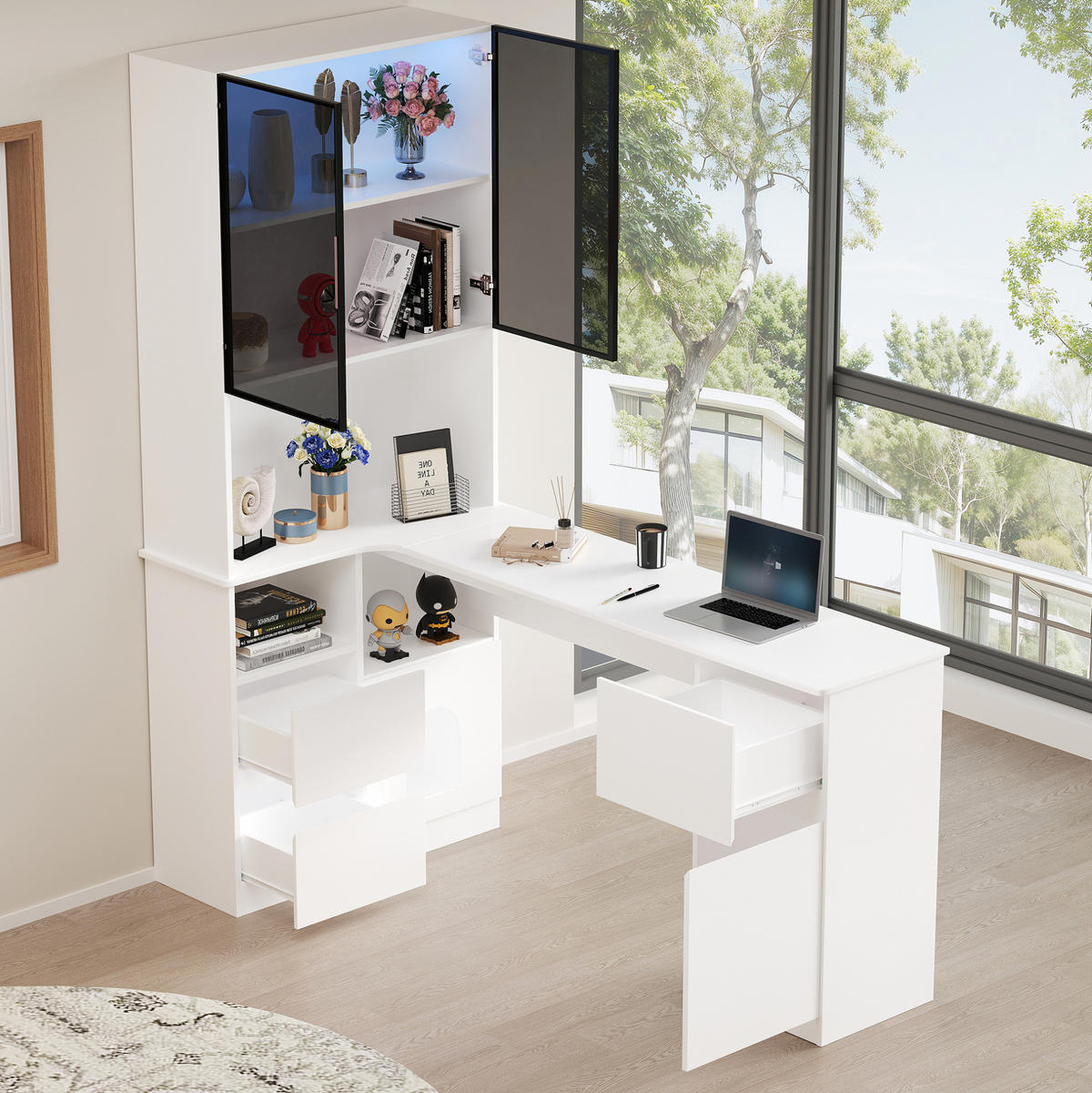 ECKSCHREIBTISCH 120/80/180 cm mit LED-Vitrine, Regal und 3 Schubladen - Weiß, Holzwerkstoff (120/180/80cm) - BEAOK