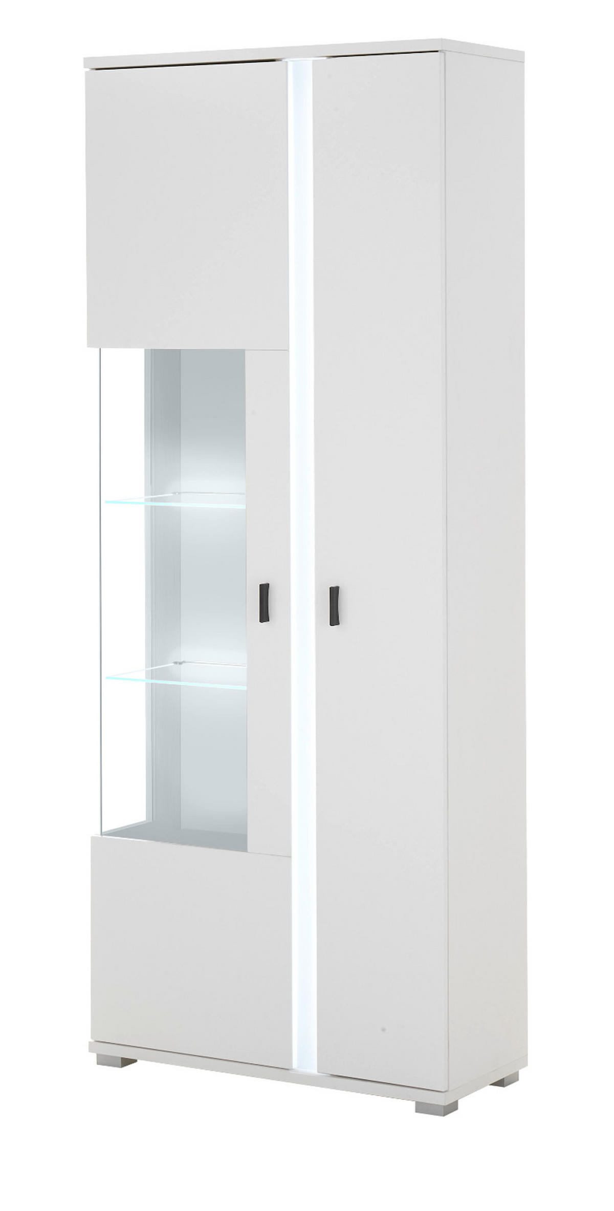 VITRINE weiß matt, Vitrinenschrank inklusive Frontbeleuchtung 80 x 200 cm - Silberfarben/Schwarz, Glas/Holzwerkstoff (80/200/35cm) - Furn.Design