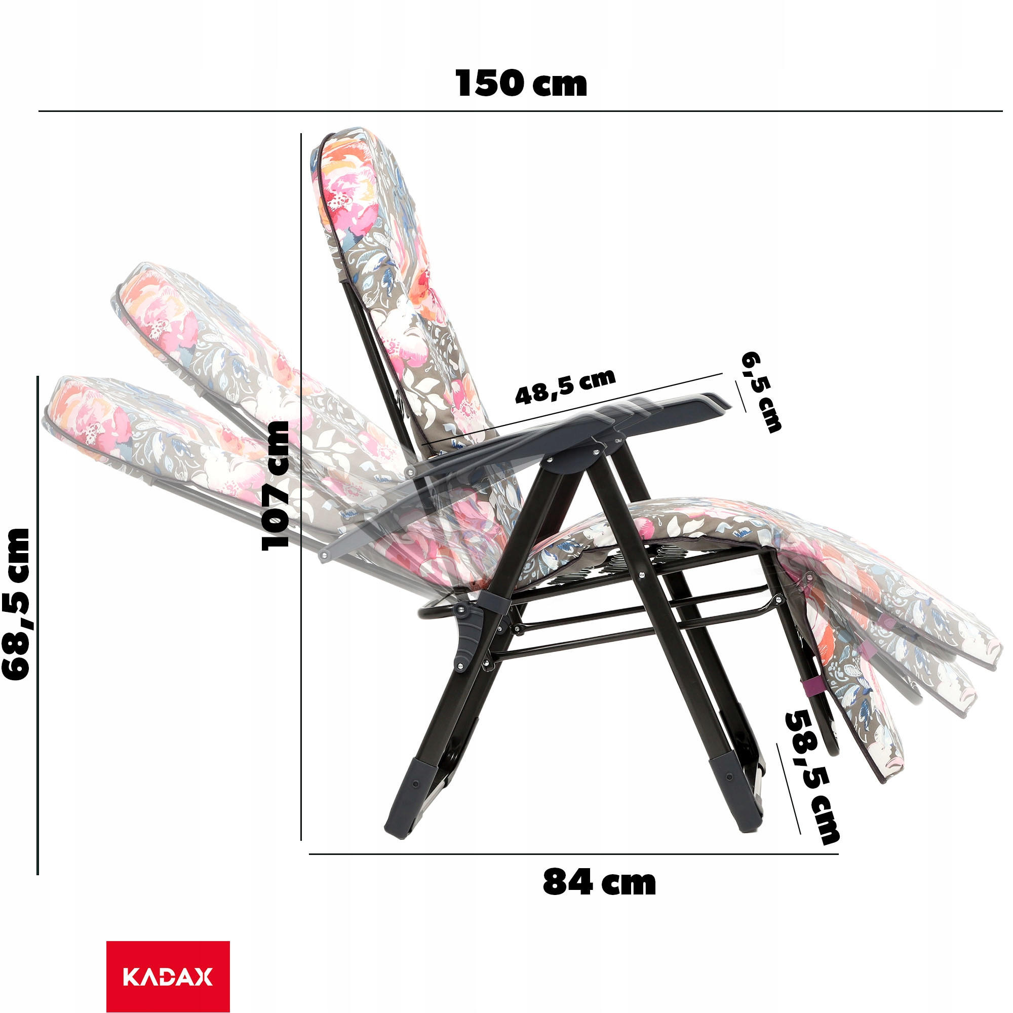 GARTENLIEGESTUHL 150 x 68 cm „Blumen“ - Rosa/Grau, Metall (58/150cm) - KADAX