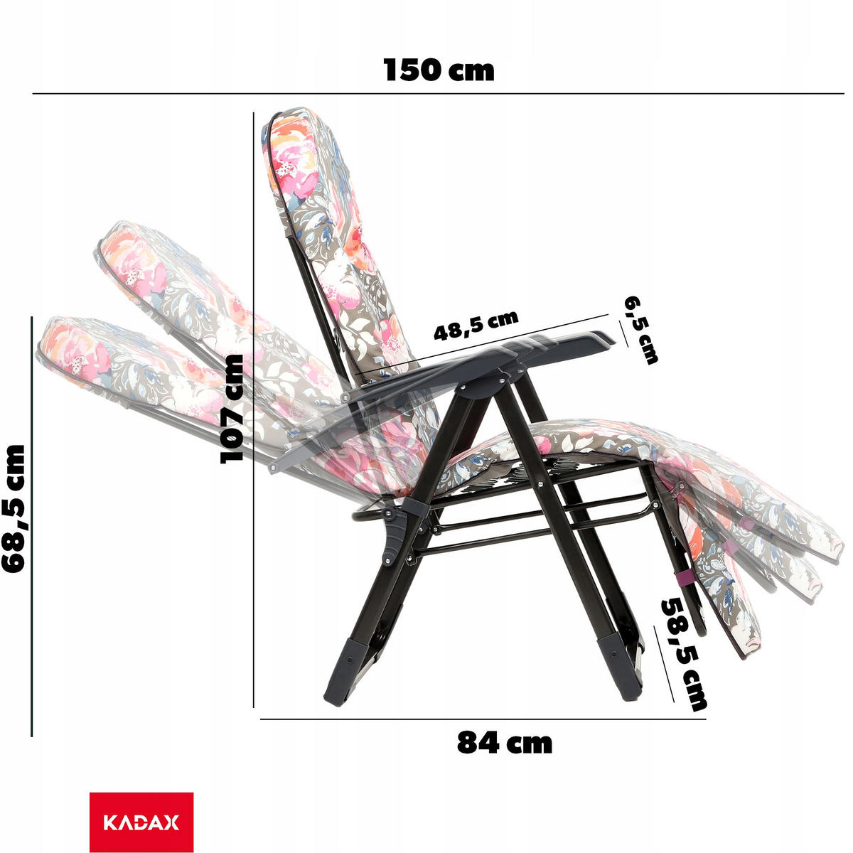 GARTENLIEGESTUHL 150 x 68 cm „Blumen“ - Rosa/Grau, Metall (58/150cm) - KADAX