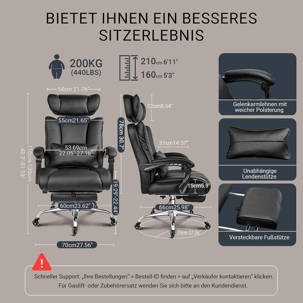 BÜROSTUHL 200kg belastbar mit Fußstütze und verstellbarer Kopfstütze Schwarz - Schwarz, Kunststoff (38/66/82cm)