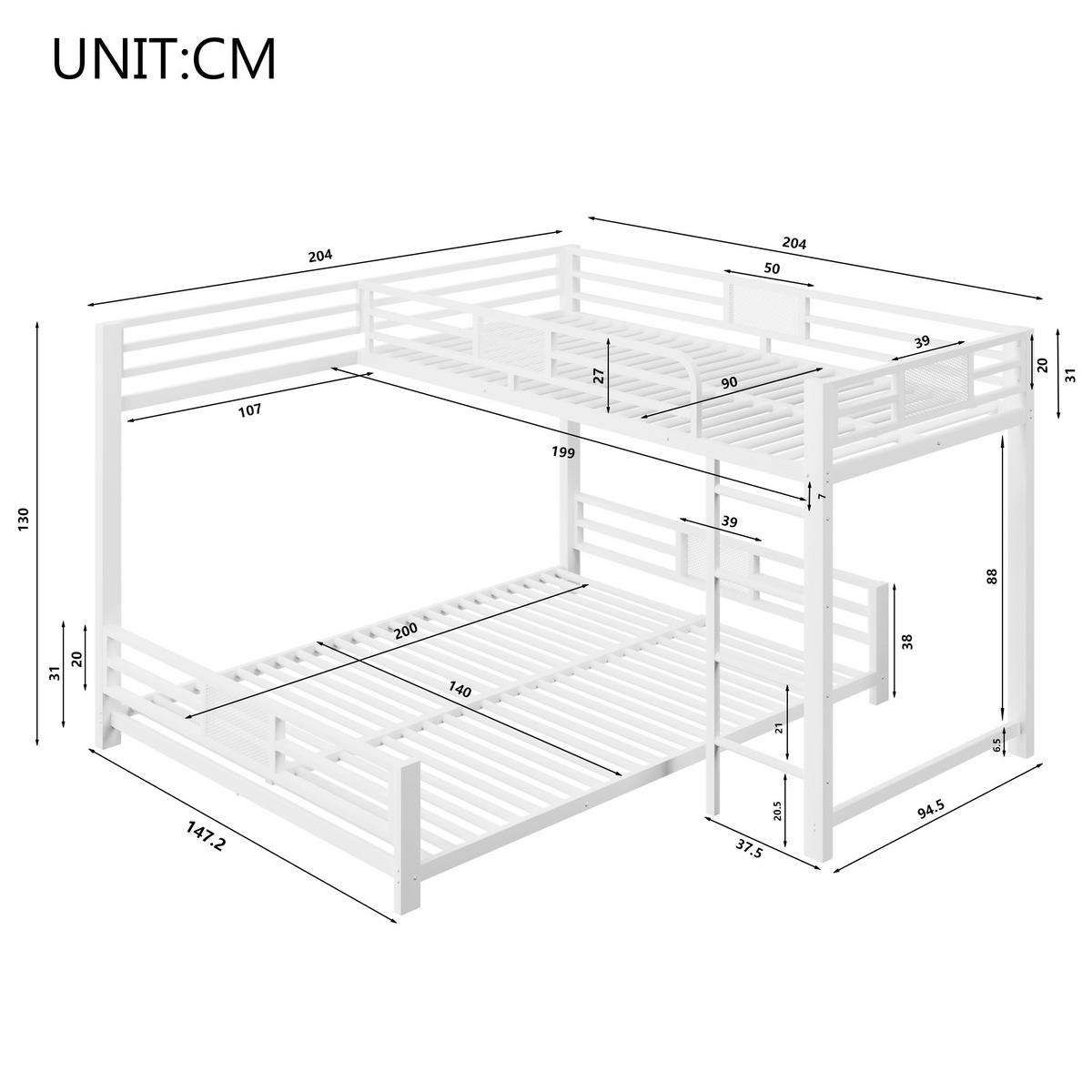 ETAGENBETT 90/200 cm & 140/200 cm in Weiß L-Form mit Schutzgittern - Weiß, Metall (90/200cm) - CHICFURN