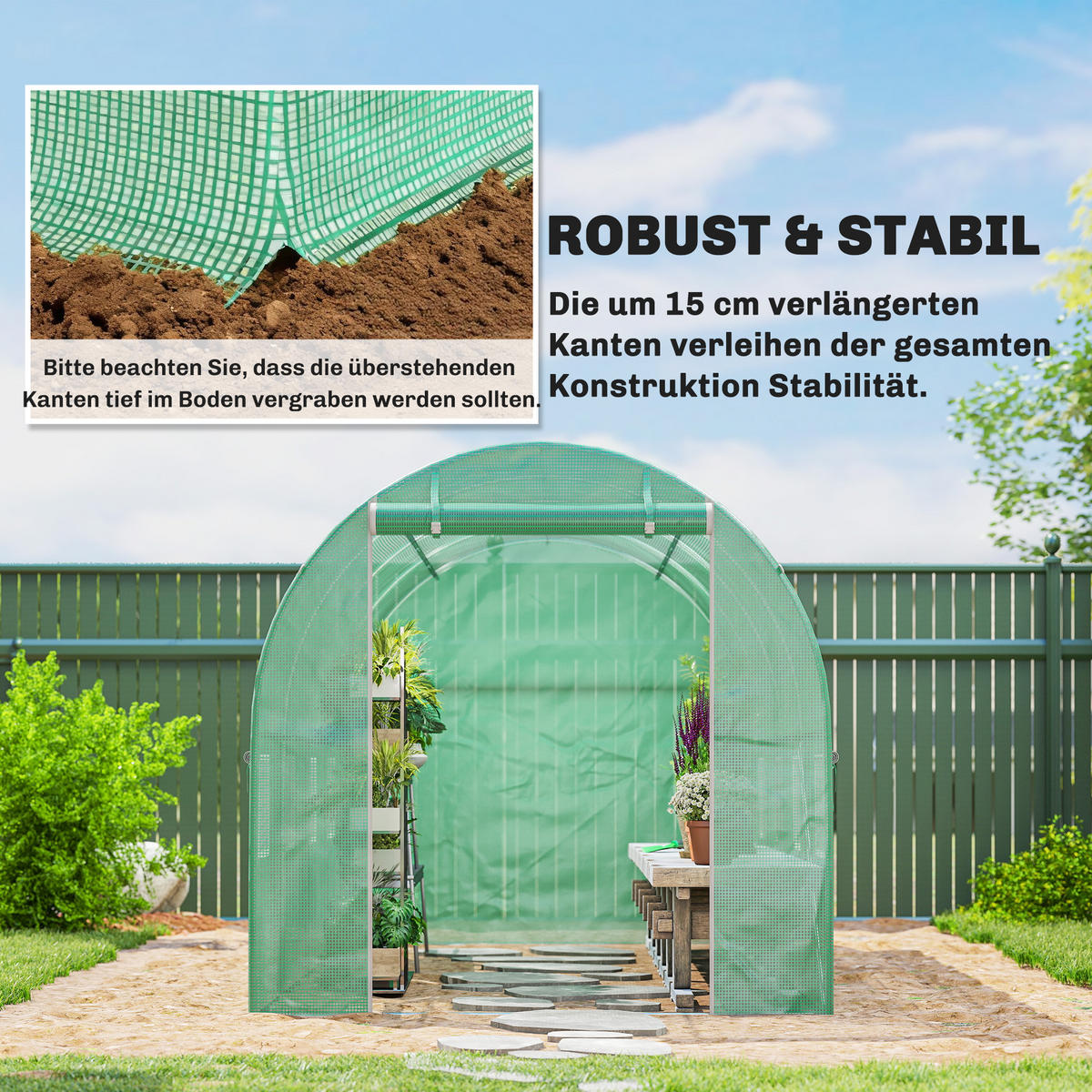 GEWÄCHSHAUSFOLIE DE-05794 4x2 m, mit Tür & 8 Fenstern Grün - Grün, Kunststoff (200/200/400cm) - ComfortXL