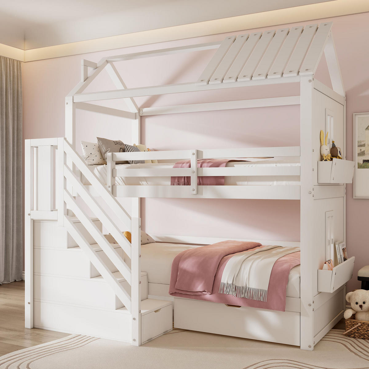 ETAGENBETT aus Kiefer und MDF 90x200 cm Weiß mit Stauraumtreppe, Schubladen und Regalen - Weiß, Holzwerkstoff (90/200cm) - Modfu