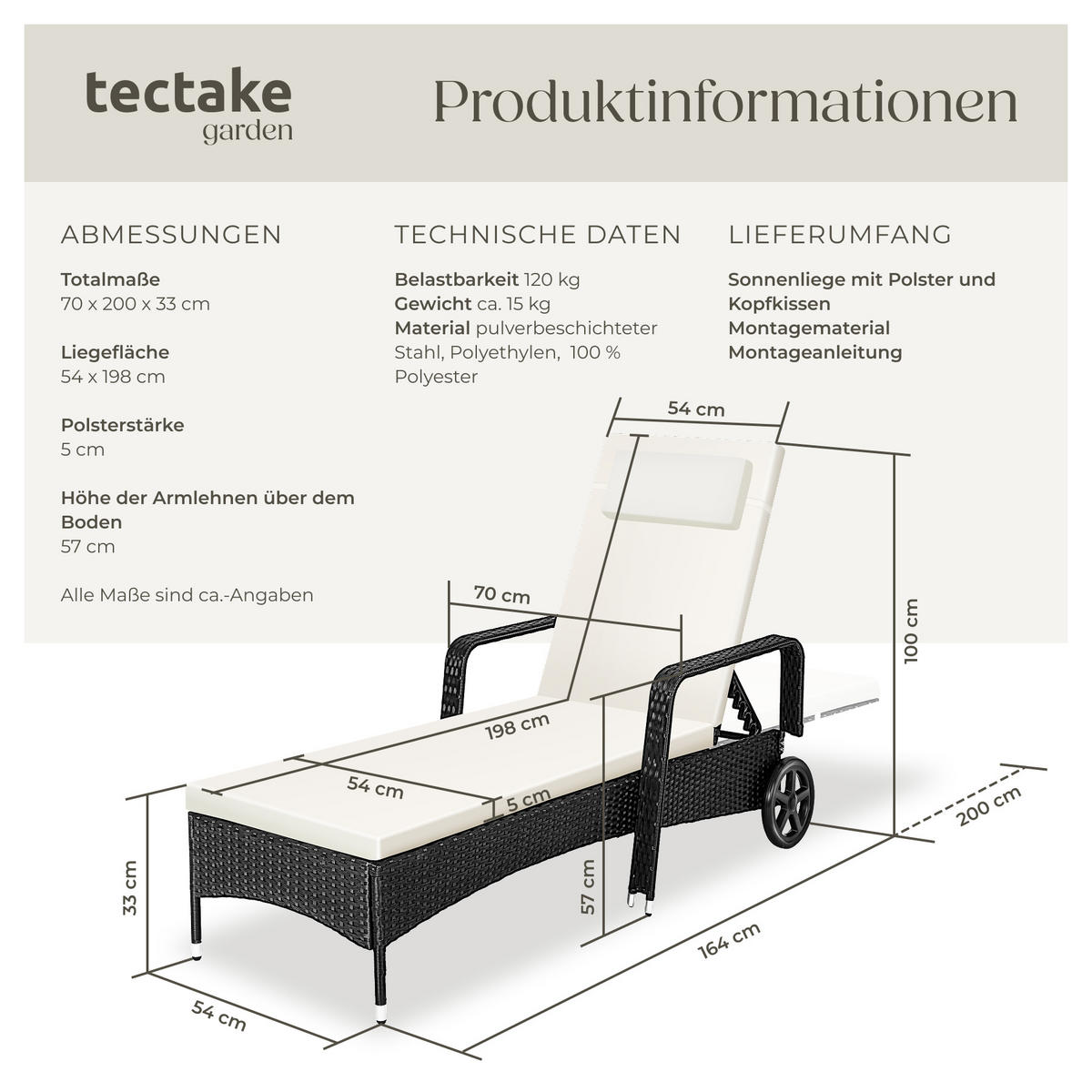 RATTAN-SONNENLIEGE ,200 x 70 x 33 cm,schwarz/beige - Beige/Schwarz, Kunststoff (70/33/200cm) - tectake