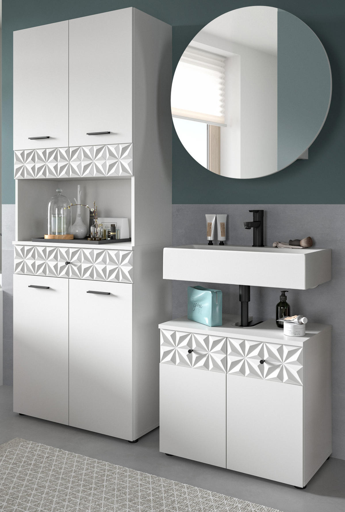 BADMÖBEL-SET weiß Hochglanz 3-teilig 155 cm, Komplettset mit 3D-Struktur - Weiß Hochglanz, Glas/Holzwerkstoff (155/187/37cm) - Inn.Furn