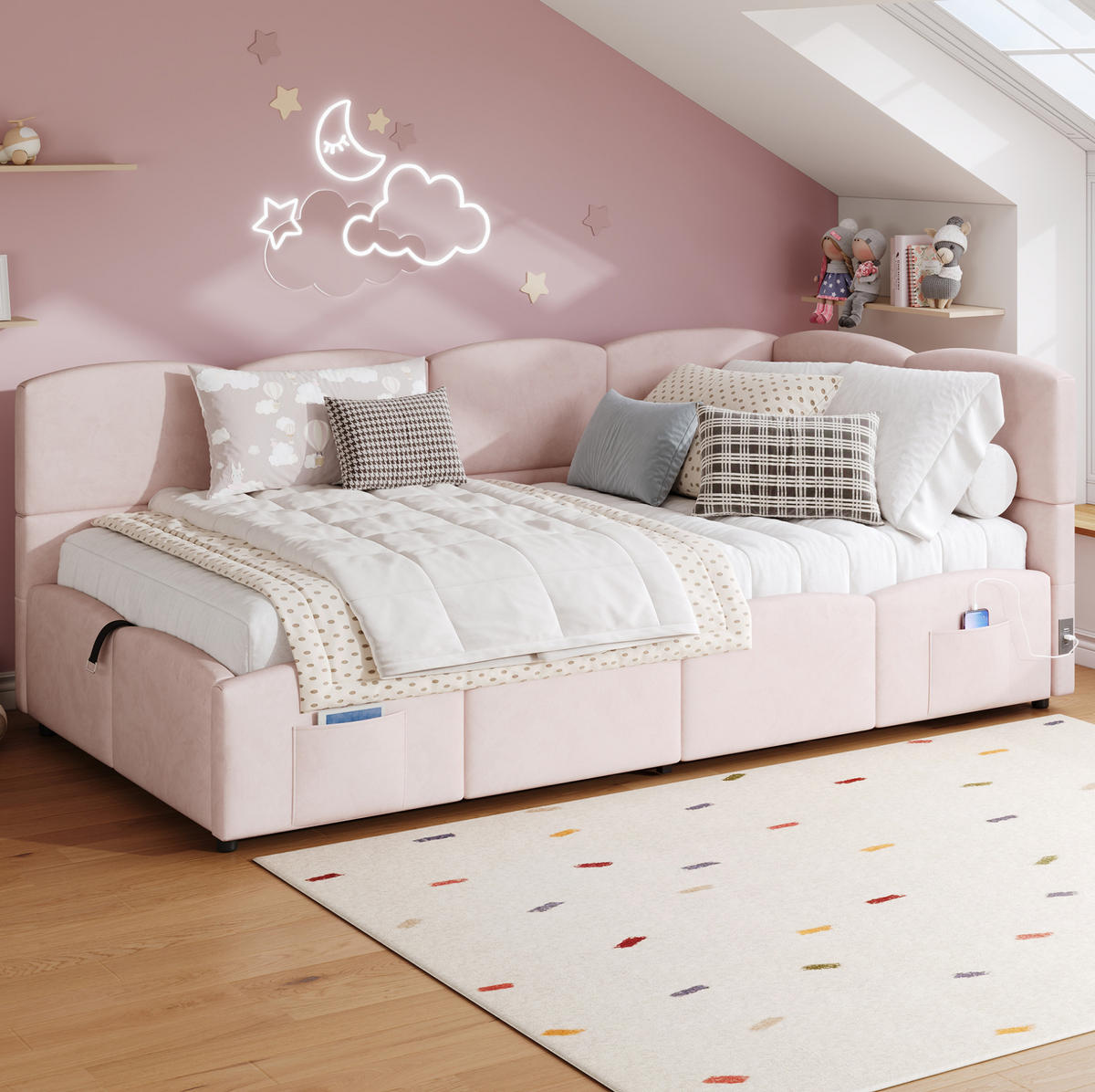 POLSTERBETT 90/200 cm aus Samt mit hydraulischem Stauraum und USB-Anschlüssen Rosa - Rosa, Textil (90/200cm) - Modenvie