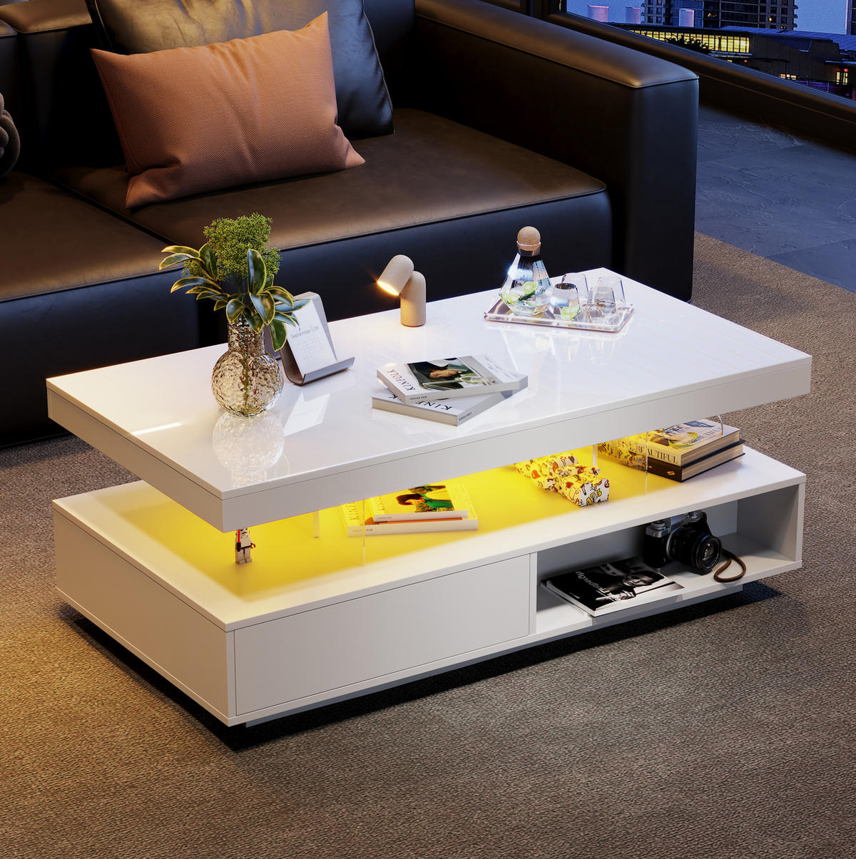 COUCHTISCH 95/50/42,5 cm in Weiß Hochglanz mit LED-Beleuchtung und 2 Schubladen - Weiß, Holzwerkstoff (90/50/42.5cm) - Flora Grace