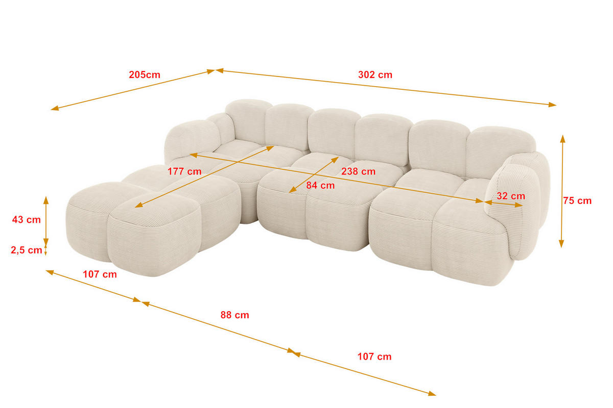 ECKSOFA modulares Sofa Links Miko-L2 302x205x75 Beige Cord - Beige/Schwarz, Holzwerkstoff/Kunststoff (302/205cm) - ALTDECOR