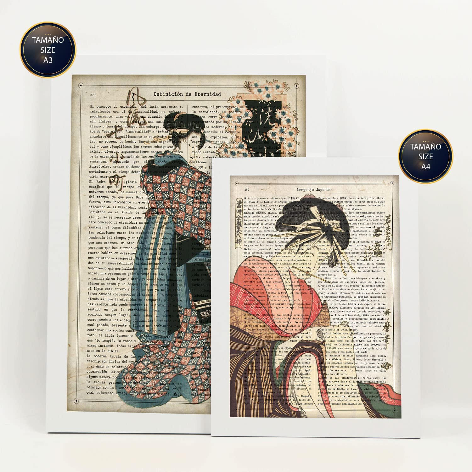 POSTER Set Mit 6 Japan Vintage Papier Stil Plakate Mit Enzyklopädie Hintergründen Ukiyo E Japanische Geishas Innenarchitektur A3 & A4 Weißer Rahmen - Weiß, Papier (29/3cm) - Nacnic