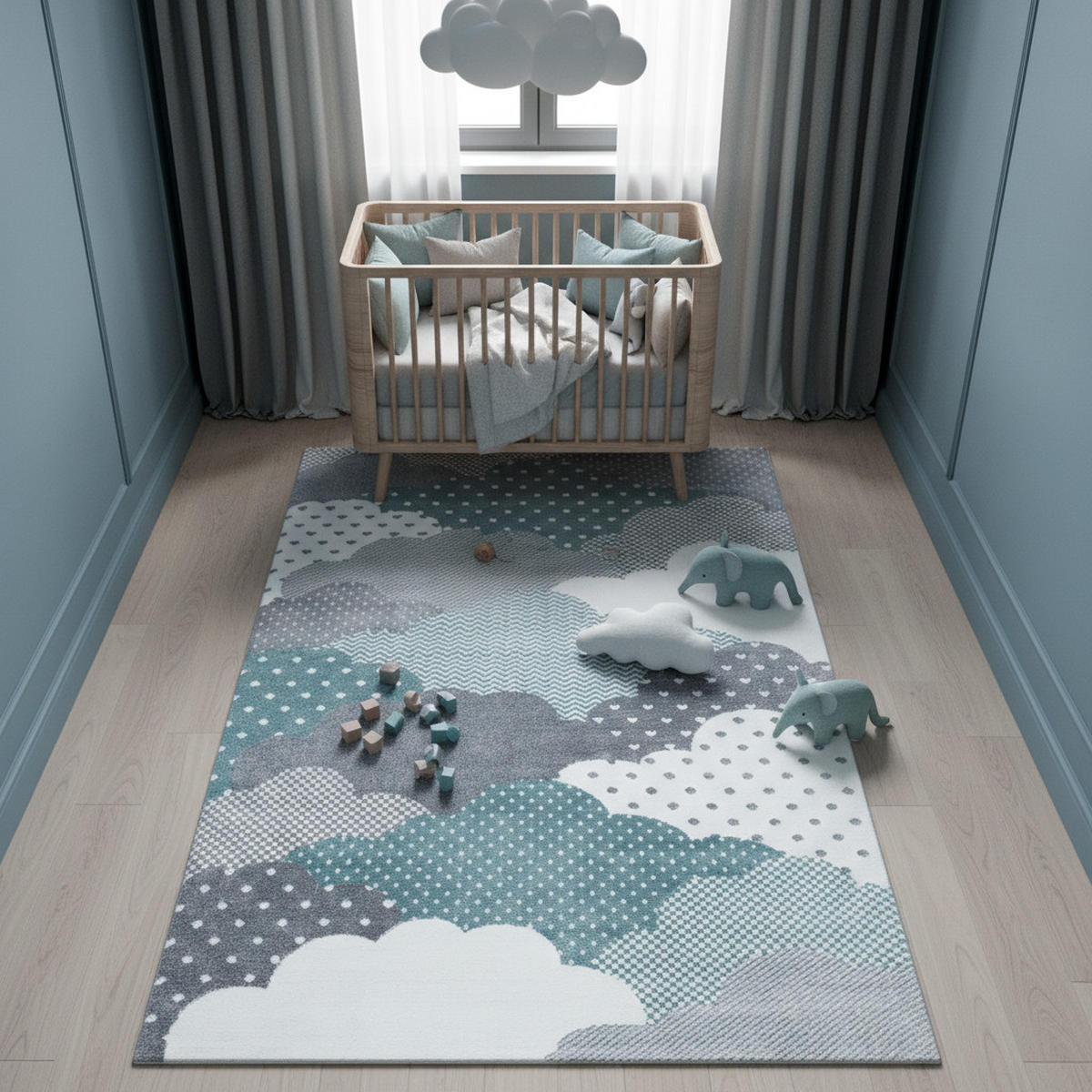 KINDERTEPPICH Wolken Pflegeleicht Waschbar Kinderzimmer OEKO-TEX Blau 80x150 cm Gekettelt – NOLA - Blau, Textil (80/150cm) - KADIMA DESIGN
